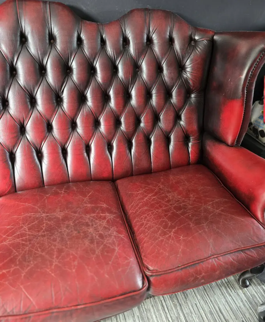 Vintage Antique Red Oxblood Chesterfield Queen Anne Wing High Back Chair 3 Seater Sofa Couch Leather