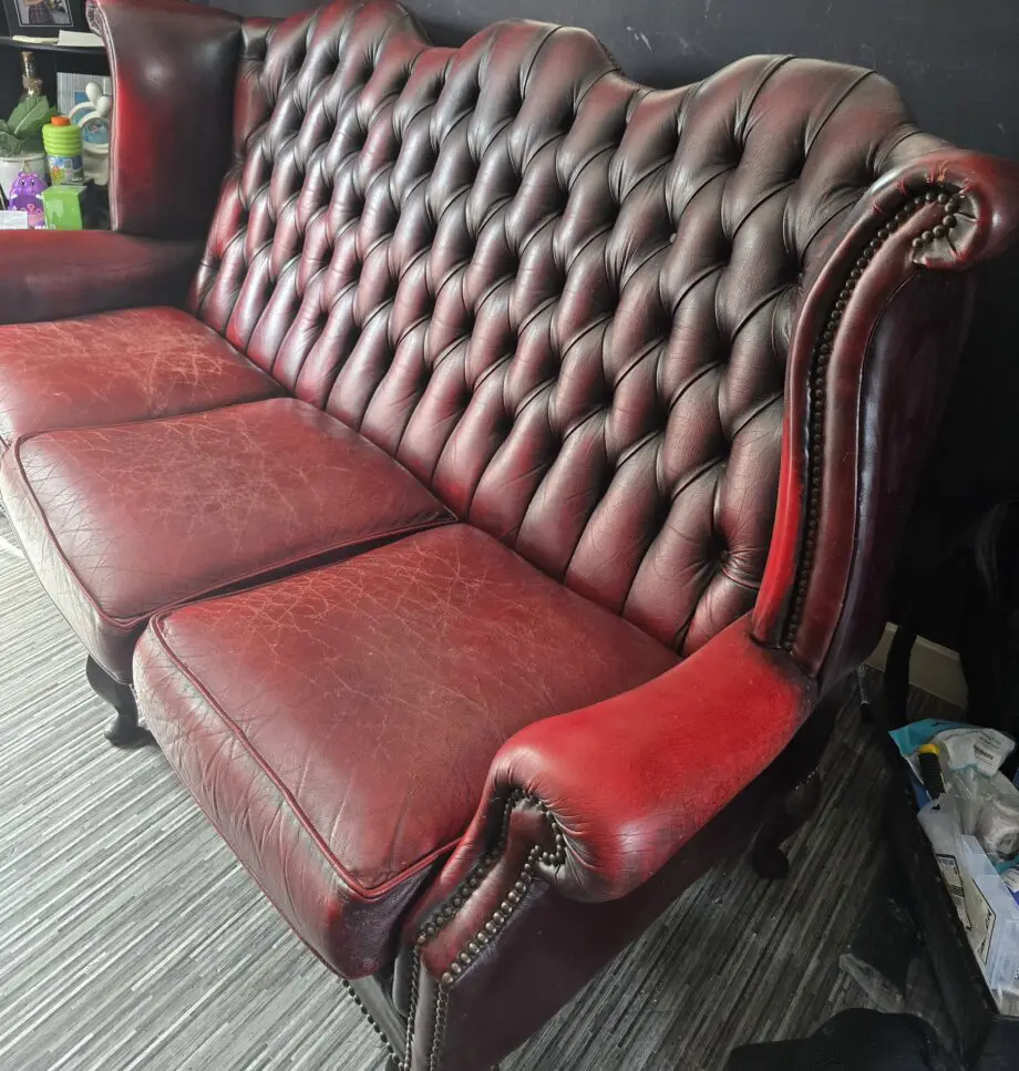 Vintage Antique Red Oxblood Chesterfield Queen Anne Wing High Back Chair 3 Seater Sofa Couch Leather