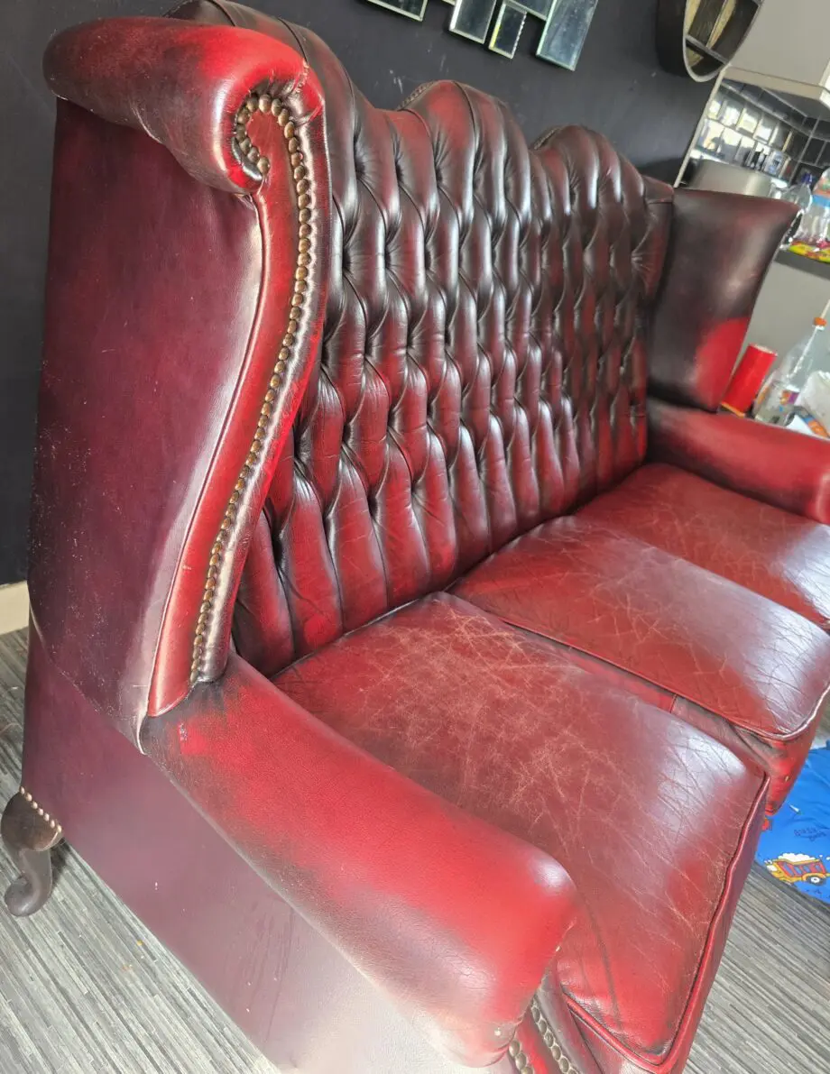 Vintage Antique Red Oxblood Chesterfield Queen Anne Wing High Back Chair 3 Seater Sofa Couch Leather