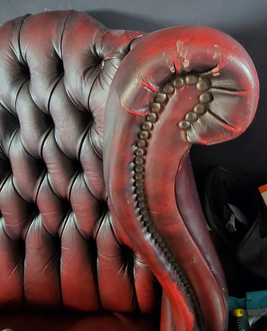 Vintage Antique Red Oxblood Chesterfield Queen Anne Wing High Back Chair 3 Seater Sofa Couch Leather