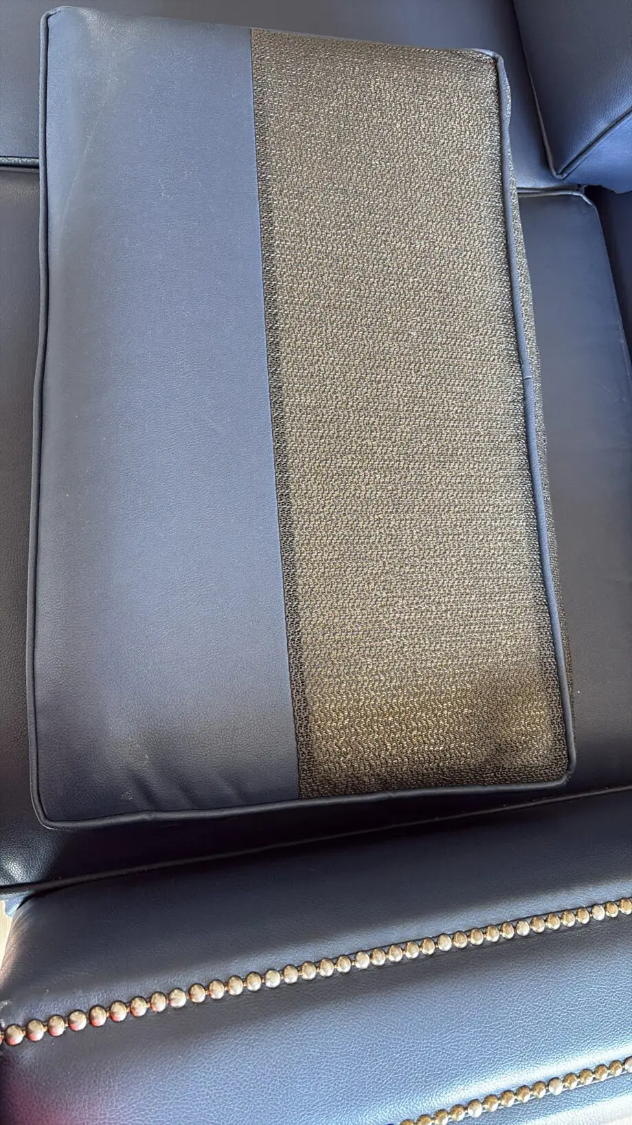 Blue made to order 3 seater sofa with antique gold stud detailing