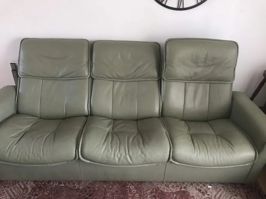 Sage green leather 3 seater reclining sofa