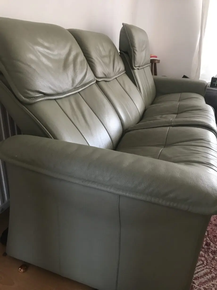 Sage green leather 3 seater reclining sofa