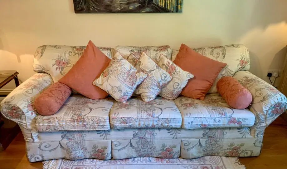 Beautiful MultiYork 3 seater sofa , 2 seater sofas and footstool. Mint condition. 15 square cushions included