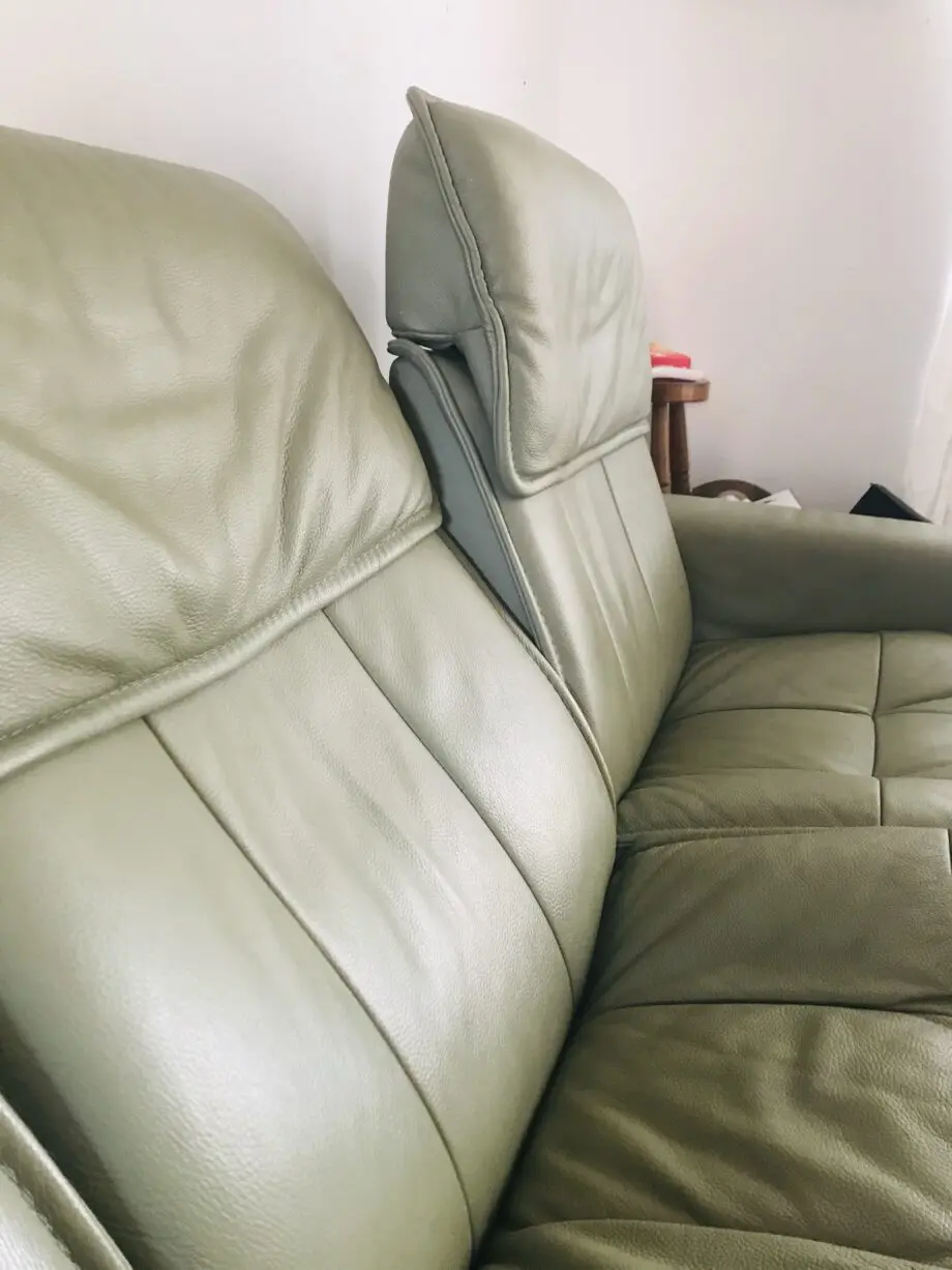 Sage green leather 3 seater reclining sofa