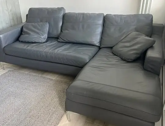 Dark Grey Leather Sofa with Metal Legs