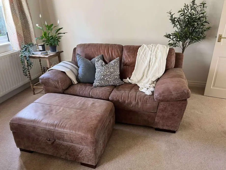 Alessia Leather Sofa in Rawhide Espresso (Natural Brown) Leather 3 Seater Sofa w/ Footstool