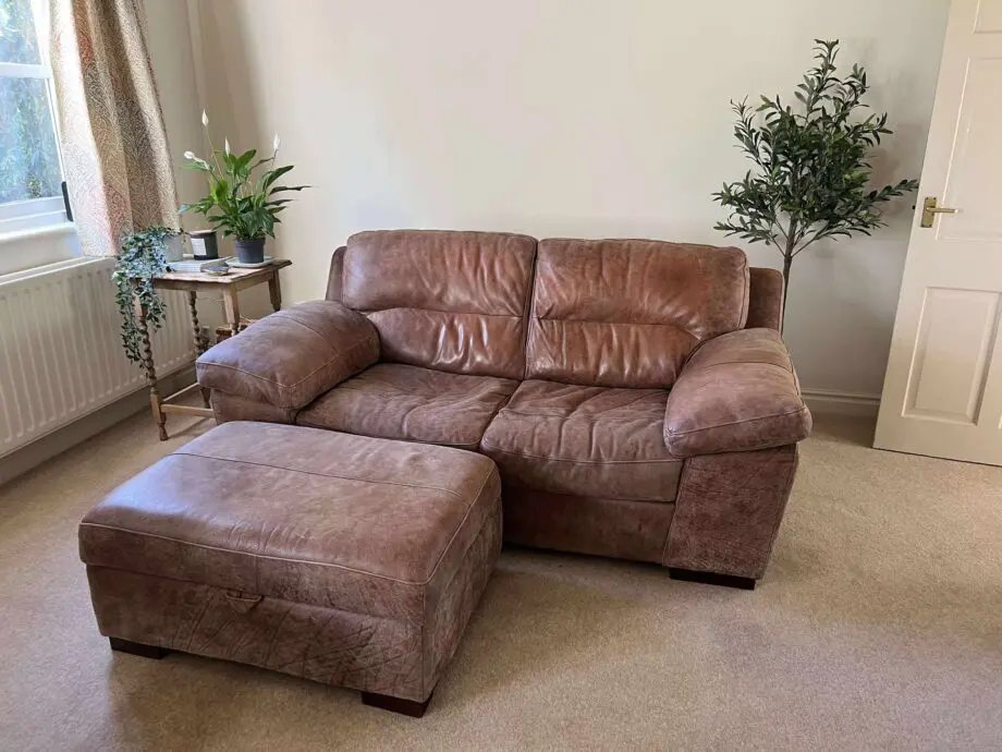 Alessia Leather Sofa in Rawhide Espresso (Natural Brown) Leather 3 Seater Sofa w/ Footstool