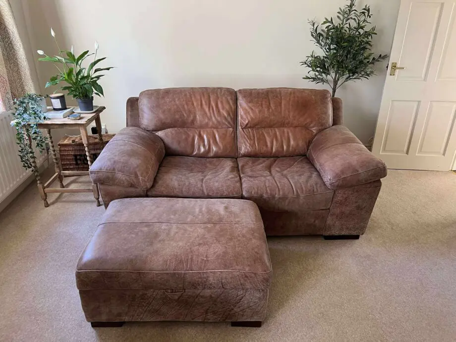 Alessia Leather Sofa in Rawhide Espresso (Natural Brown) Leather 3 Seater Sofa w/ Footstool
