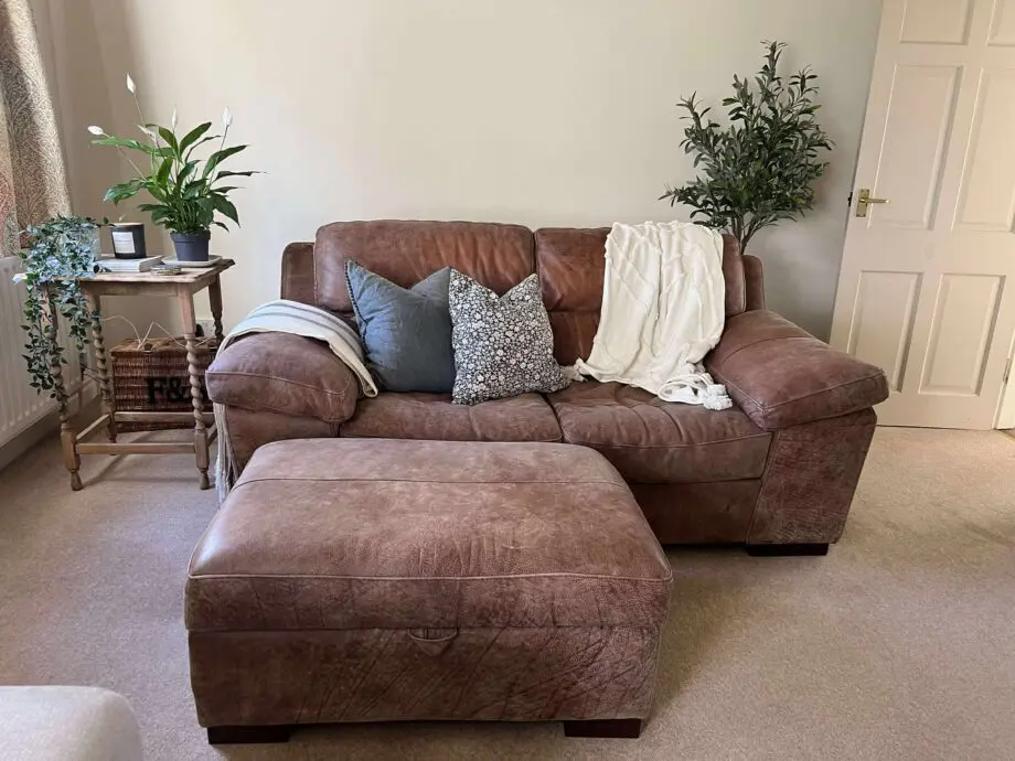 Alessia Leather Sofa in Rawhide Espresso (Natural Brown) Leather 3 Seater Sofa w/ Footstool