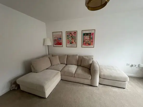Left corner Oxford couch-soft beige. Footstool included.