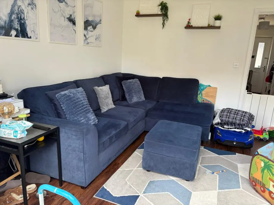 DFS Navy Blue ORKA corner sofa and footstool