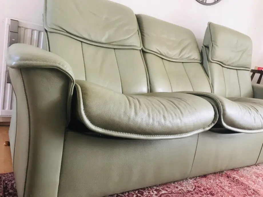 Sage green leather 3 seater reclining sofa
