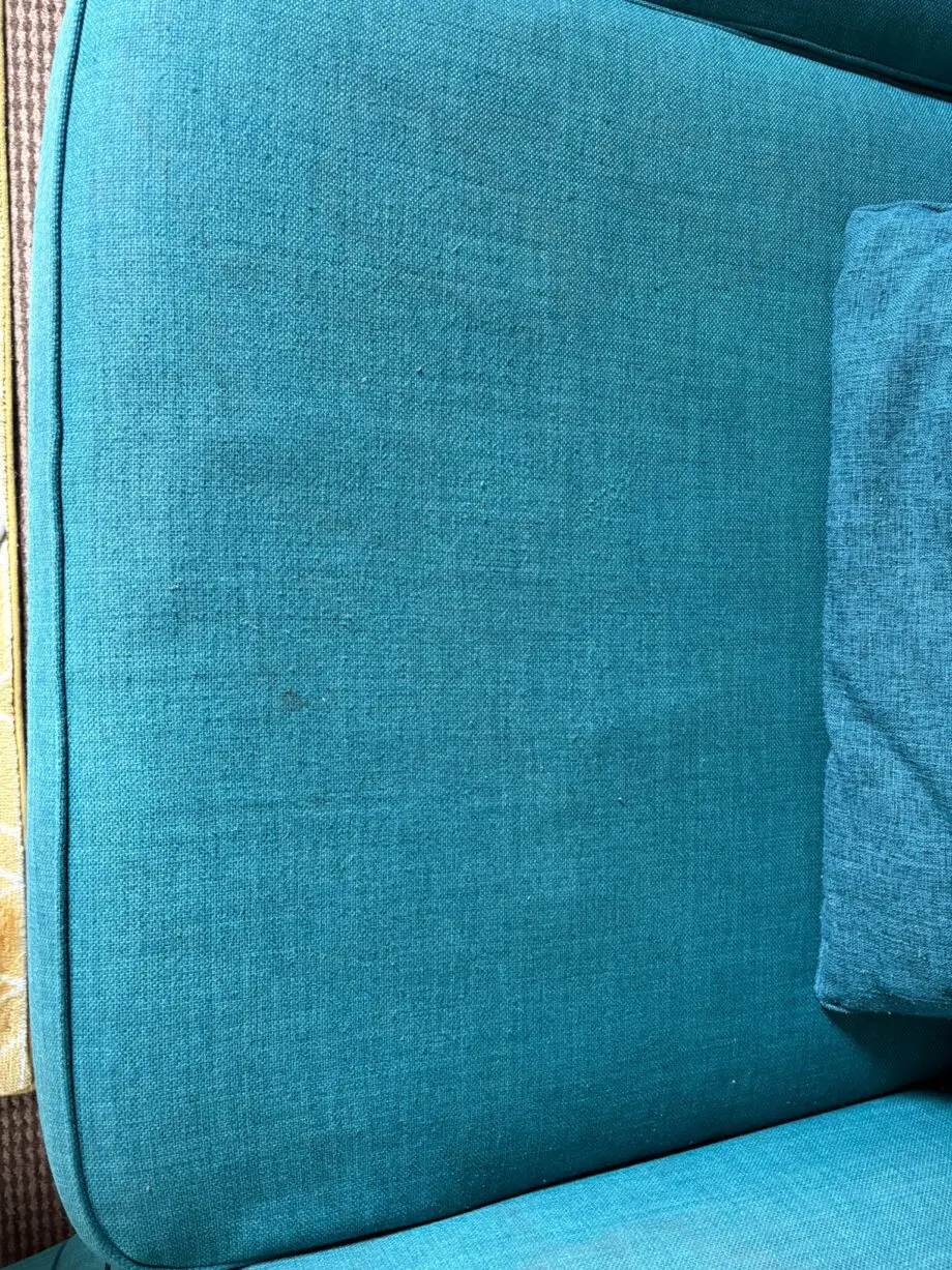 This has had 2 previous owners. First owner hadn’t used it, it’s been kept in good condition. The sofa is soft blue, it provides comfort and uplifts the room.