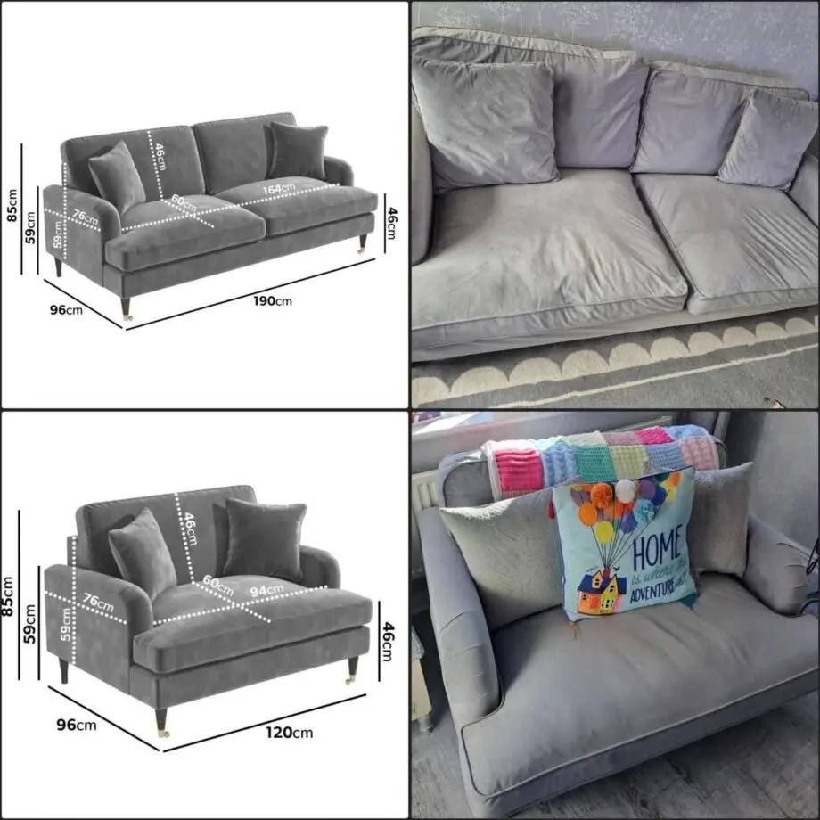 Silver Grey Velvet 3 Seater Sofa & 2 Seater Loveseat Set