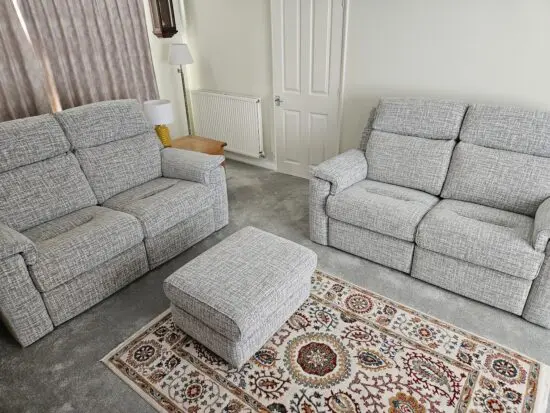 G Plan Ellis range 2 x 2 seater power recliner sofas plus storage footstool only 10 months old