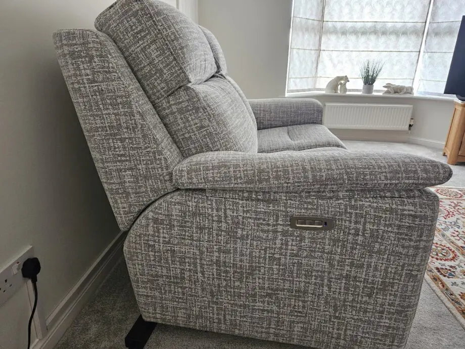 G Plan Ellis range 2 x 2 seater power recliner sofas plus storage footstool only 10 months old