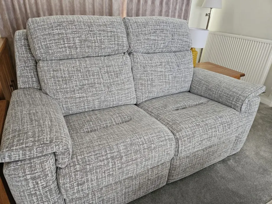 G Plan Ellis range 2 x 2 seater power recliner sofas plus storage footstool only 10 months old
