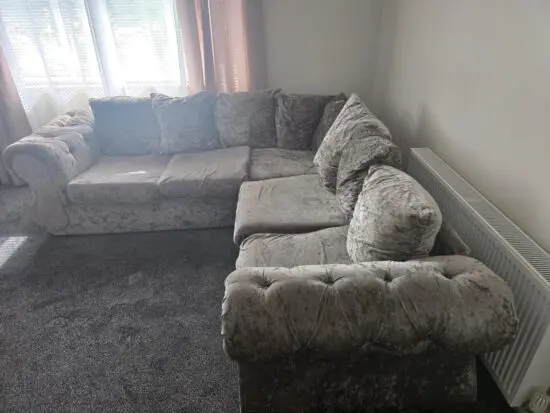 Grey velvet L shape sofa