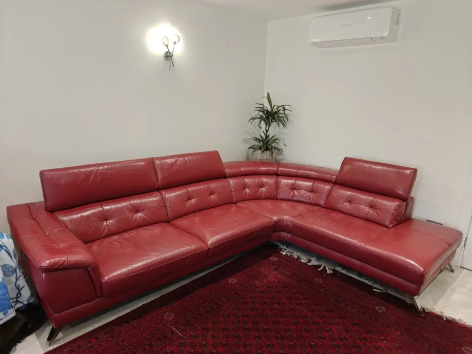 Red Leather Sofa - 3 Corner + 1.5 Chaise Sofa with Manually Adjustable Head Rests - Sofology