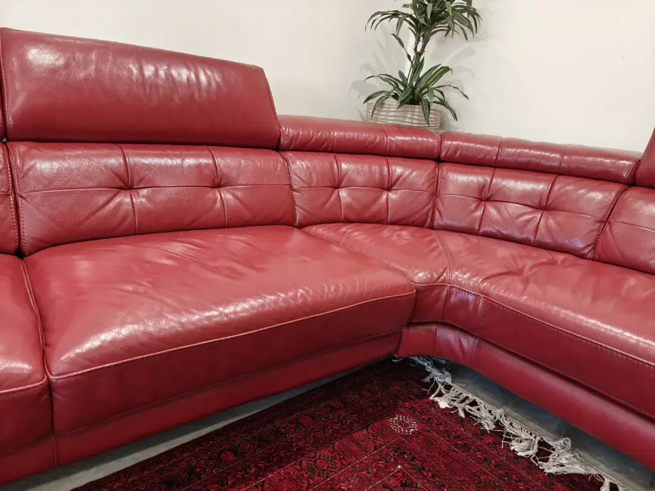 Red Leather Sofa - 3 Corner + 1.5 Chaise Sofa with Manually Adjustable Head Rests - Sofology