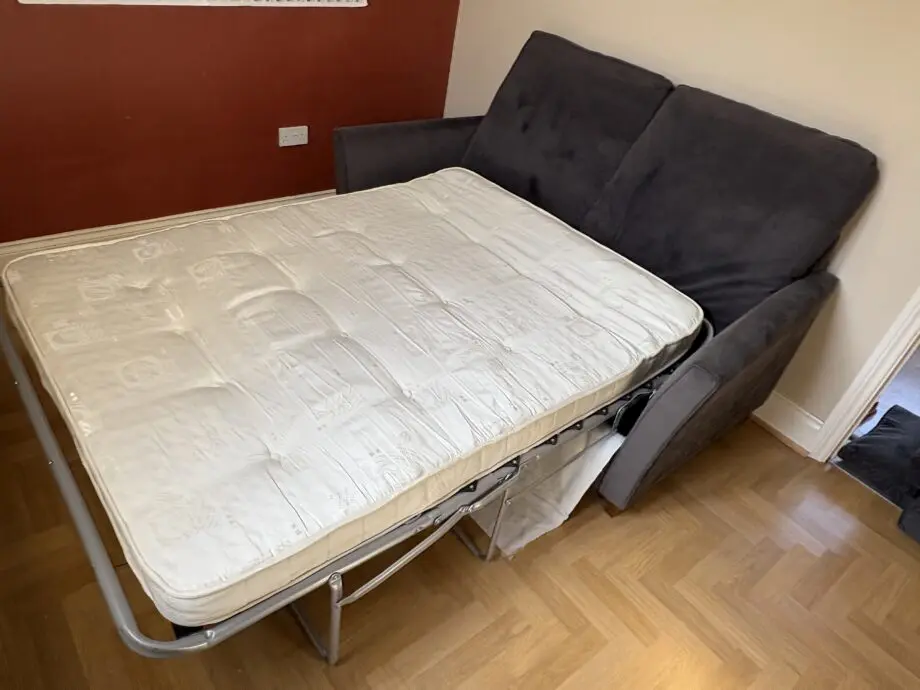 John Lewis Sofa bed, 3 seaters, grey fabric, metal pull out double bed with mattress and cushions