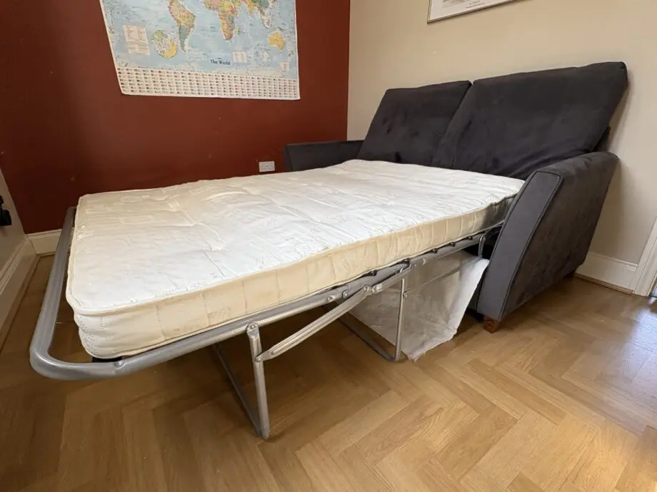 John Lewis Sofa bed, 3 seaters, grey fabric, metal pull out double bed with mattress and cushions
