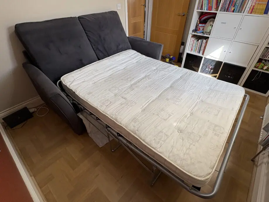John Lewis Sofa bed, 3 seaters, grey fabric, metal pull out double bed with mattress and cushions