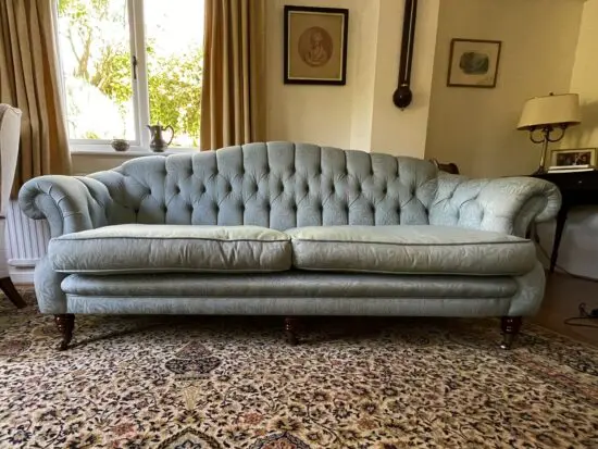 Silver-blue original Sanderson upholstered 4 seater Chesterfield