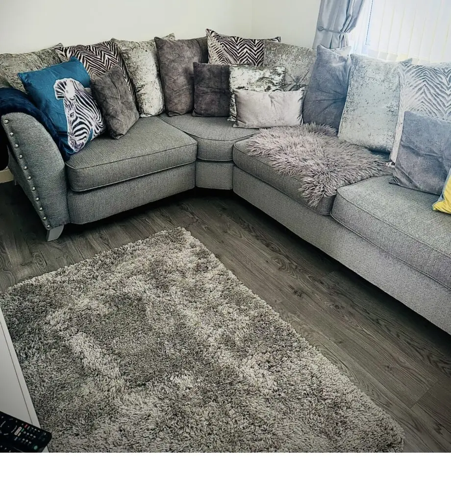 Grey sparkly thread corner sofa with accent chair and footstool