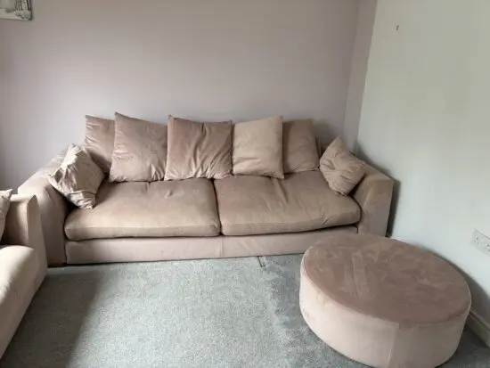 DFS Blush Pink Velvet sofa and cuddle chair