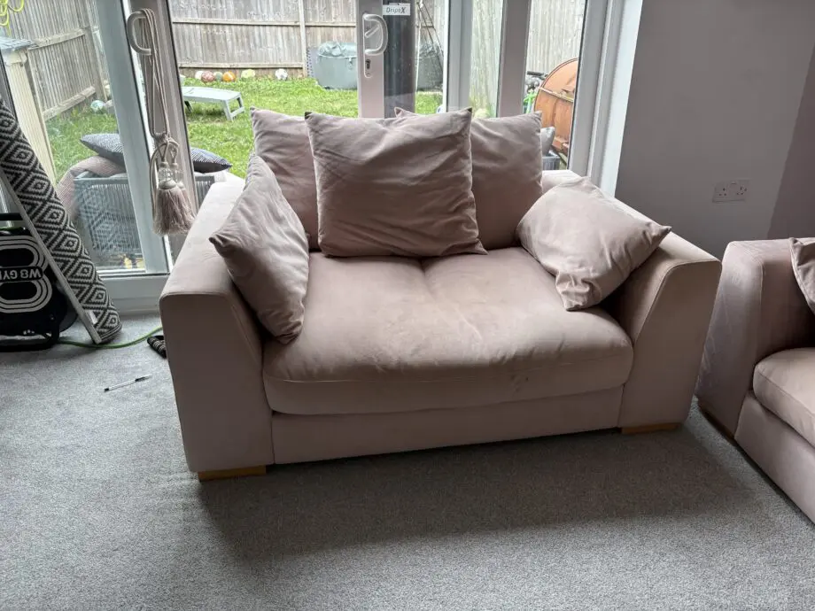 DFS Blush Pink Velvet sofa and cuddle chair