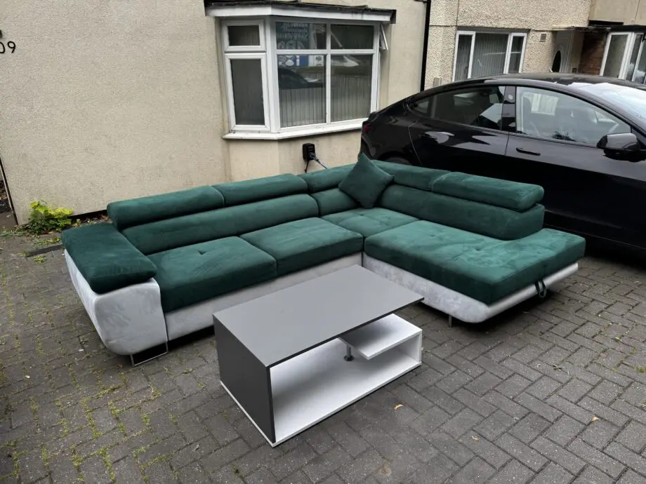 Modern Corner Sofa Bed with Storage – Green & Grey / coffee table