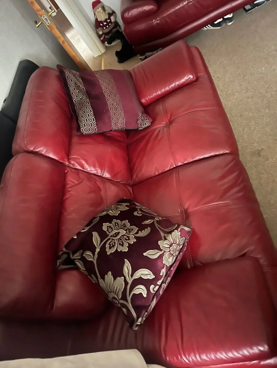 Red dfs leather sofa