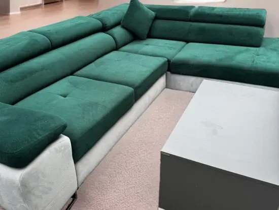 Modern Corner Sofa Bed with Storage – Green & Grey / coffee table