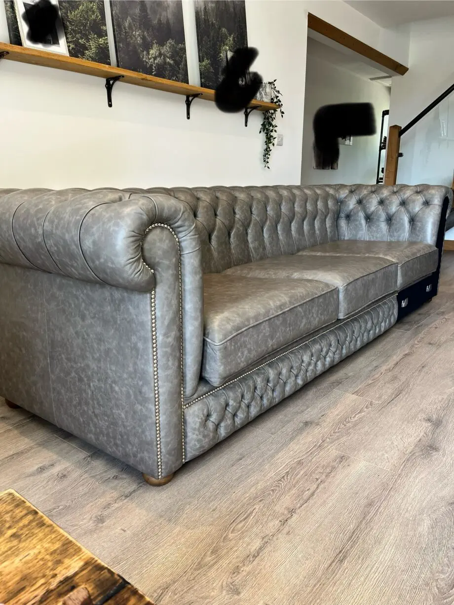 Grey Leather studded corner chesterfield