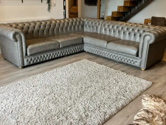 Grey Leather studded corner chesterfield