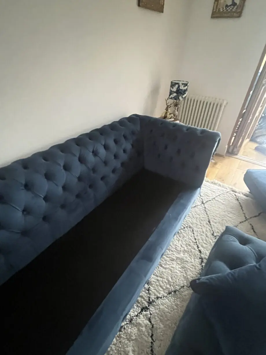 Oak furniture land Chesterfield navy chaise corner sofa with matching footstool and cushions