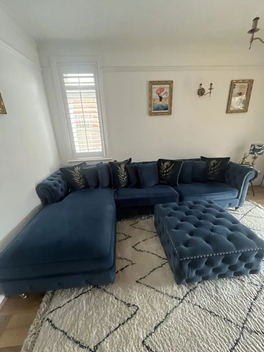 Oak furniture land Chesterfield navy chaise corner sofa with matching footstool and cushions