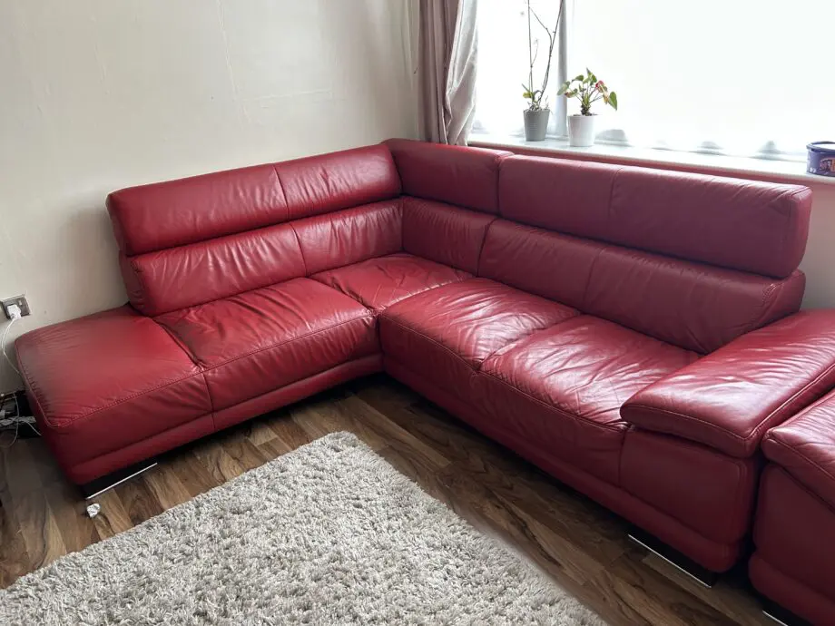 Harvey’s Red leather 3 seater chaise lounge and single chair