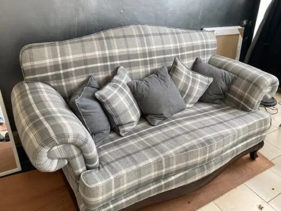 Immaculate condition. Cosy Grey/White check fabric 3 seater sofa with matching cushions