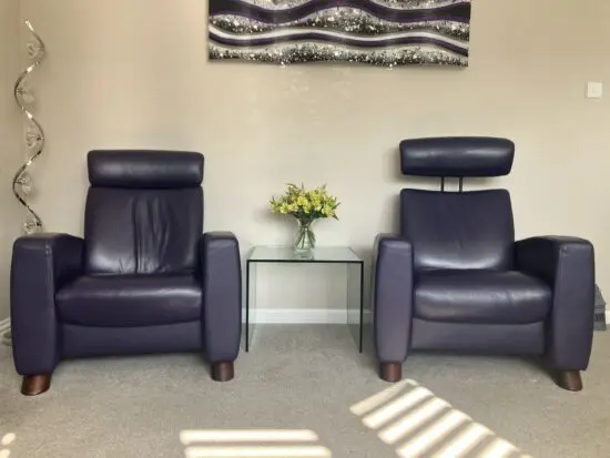 Blue Stressless Leather Chairs and Footstool