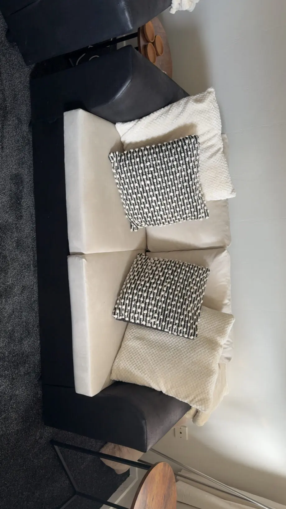 Black and white suede sofa and chair.