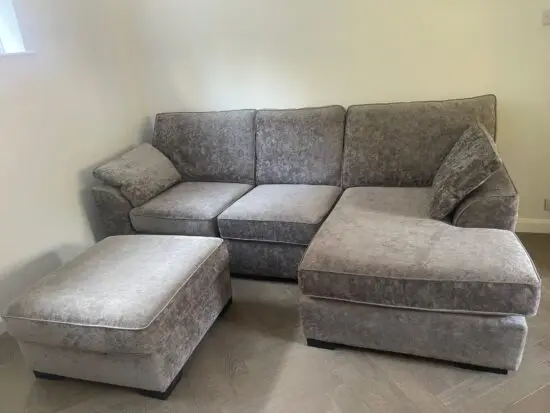 Beautiful, soft cosy deep seat Next corner sofa and matching storage ottoman in grey