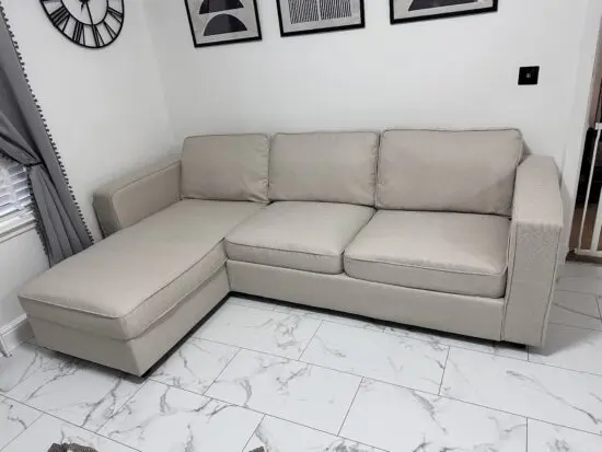 Dusk left hand soho chaise lounge which storage and ottoman storage poufee in neutral