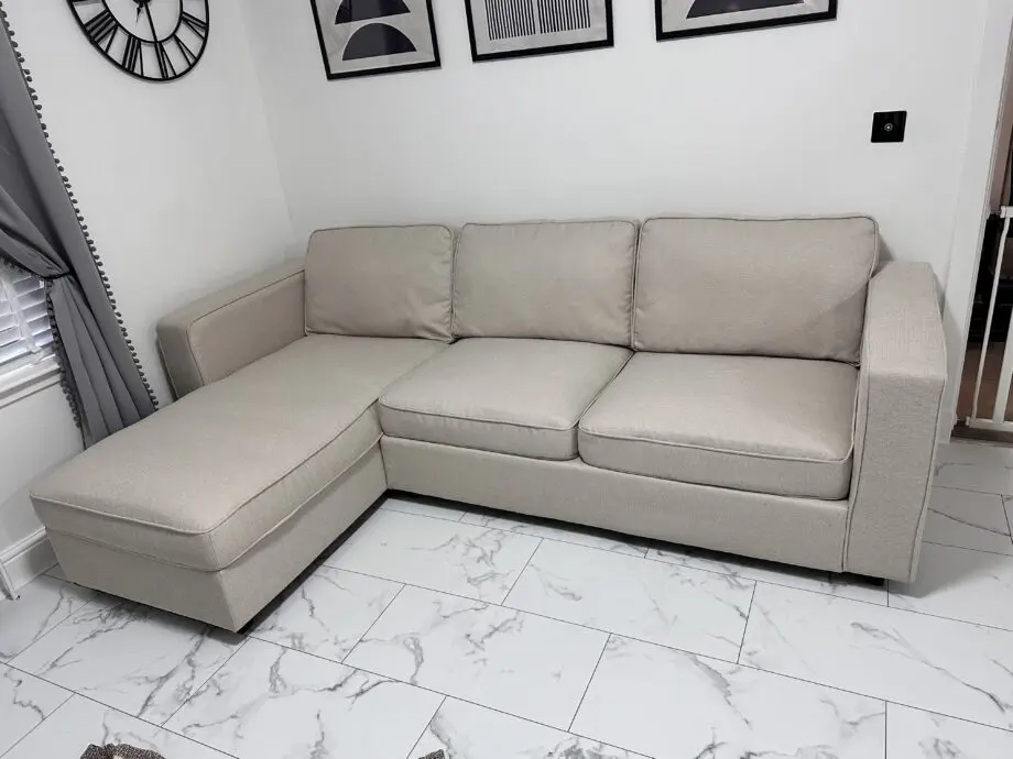 Dusk left hand soho chaise lounge which storage and ottoman storage poufee in neutral