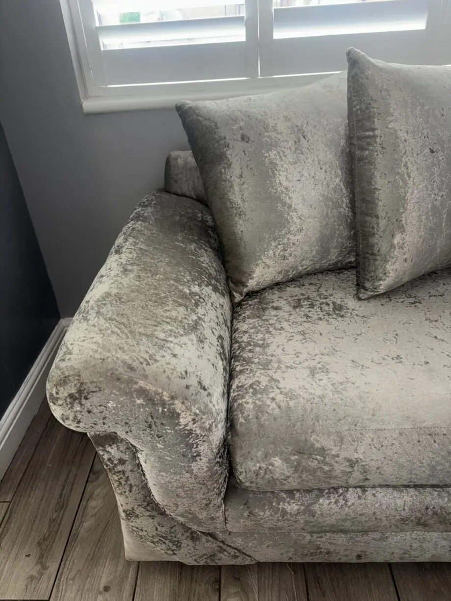 Be spoke silver crushed velvet sofa