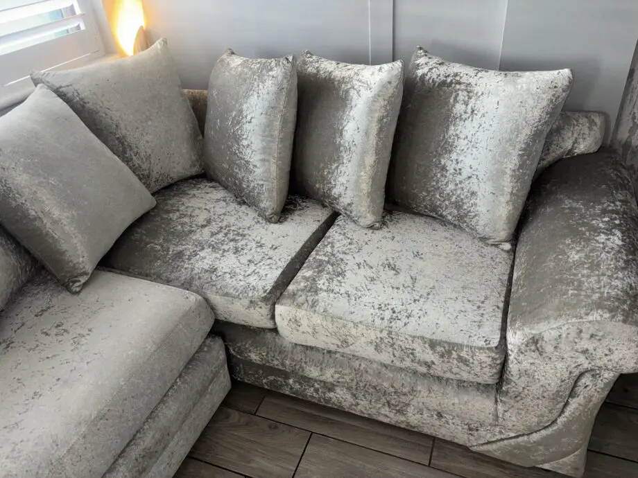 Be spoke silver crushed velvet sofa