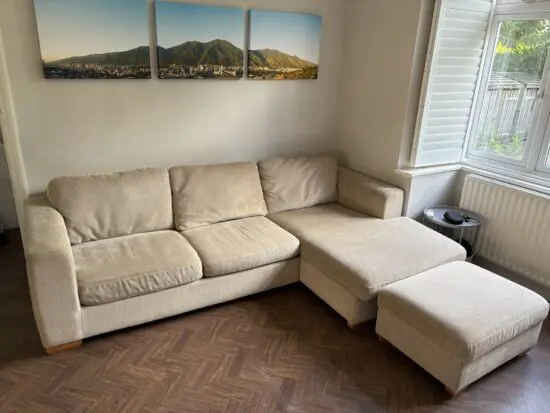 John Lewis Beige Corner Sofa with storage footstool