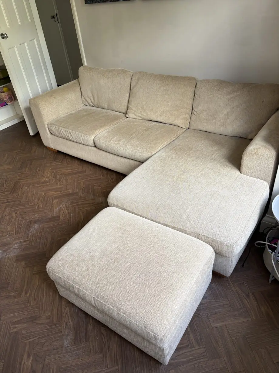 John Lewis Beige Corner Sofa with storage footstool